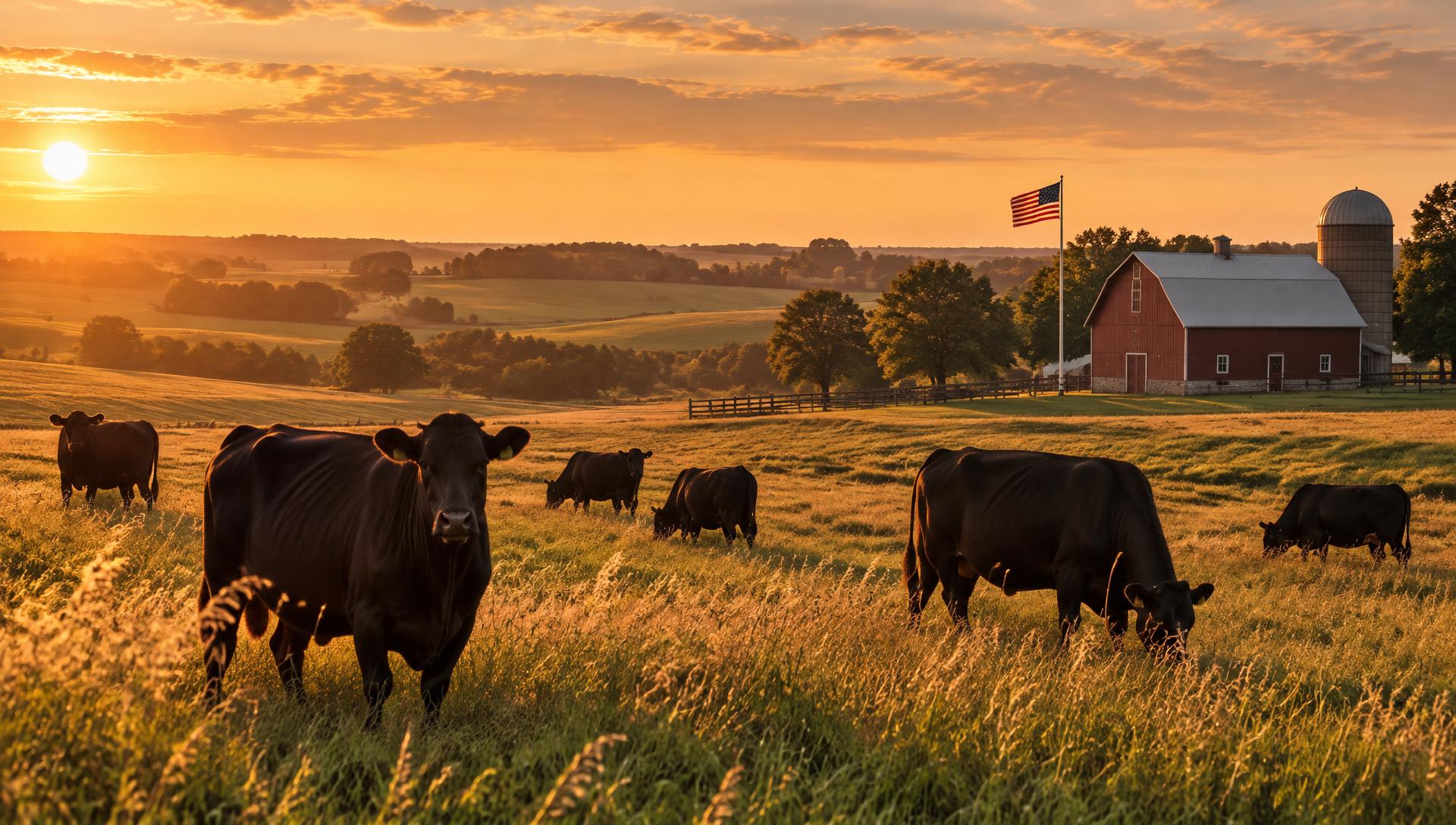 Cattle grazing on Iowa farmland at sunset
